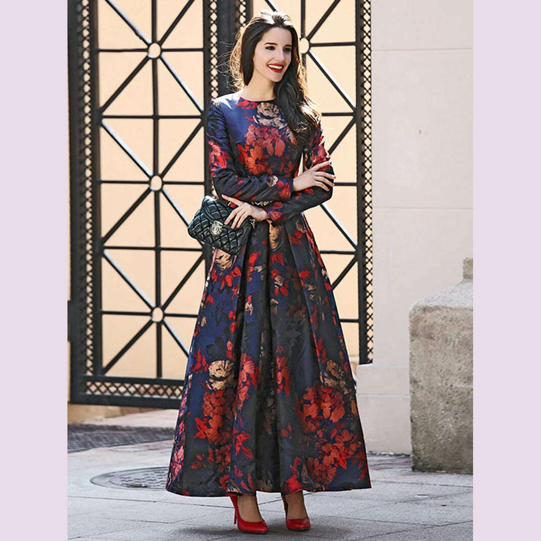 Elegant Women Long Sleeve Maxi Dress Fall Fashion Boho Floral Jacquard Muslim Dress Ladies Vintage Party Clothes