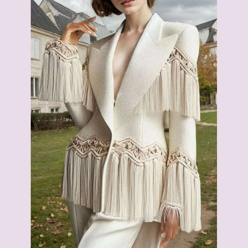 Elegant Women Tassels Blazer Tailored Coat Peaked Lapel Hollow Out Chic Ethnic Casual Vintage Single Button Jacket Outerwear