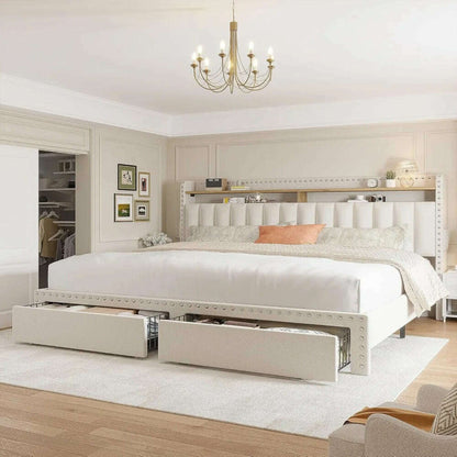 EnHomee King Size Bed Frame with Storage and Headboard, Upholstered King Bed Frame with Storage, King Bed Frame with 2 Drawers,