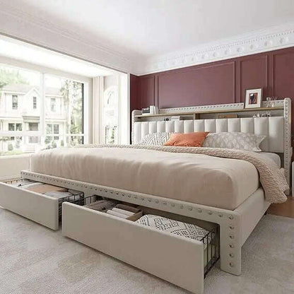 EnHomee King Size Bed Frame with Storage and Headboard, Upholstered King Bed Frame with Storage, King Bed Frame with 2 Drawers,