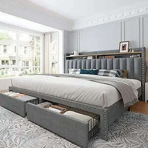 EnHomee King Size Bed Frame with Storage and Headboard, Upholstered King Bed Frame with Storage, King Bed Frame with 2 Drawers,