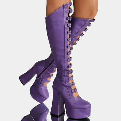 European and American Punk Style Spicy Girl Black Leather Buckle Thick Heel Cool Boots for Women Sexy Hollow Knight Boots