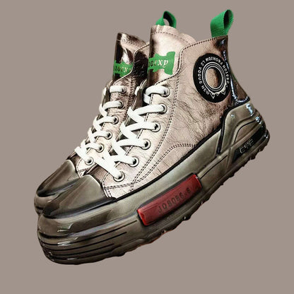 European Cowhide High Top Shoes Trend Korean Thick Sole Men's Shoes Versatile Casual Shoes Autumn and Winter Fashion New Style
