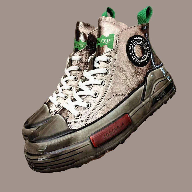 European Cowhide High Top Shoes Trend Korean Thick Sole Men's Shoes Versatile Casual Shoes Autumn and Winter Fashion New Style