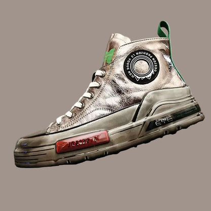 European Cowhide High Top Shoes Trend Korean Thick Sole Men's Shoes Versatile Casual Shoes Autumn and Winter Fashion New Style