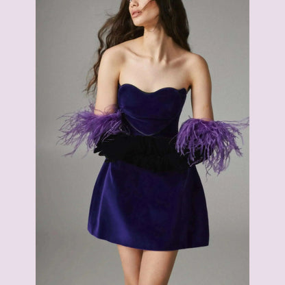 Evening Party Dresses For Women 2024 Sexy Celebrity Strapless Purple Velvet Gowns Dress Mini Club