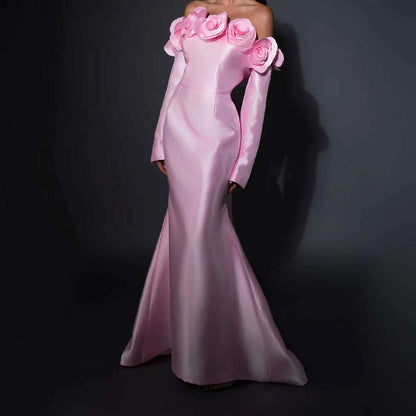 Exquisite Pleats Flowers Mermaid Evening Dresses Formal Strapless Satin Off the Shoulder Long Sleeves Prom Gowns فساتين سهرة