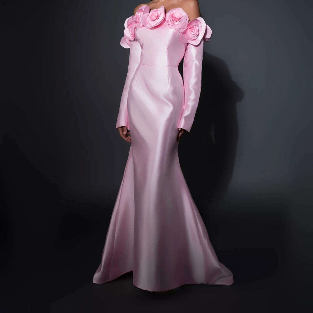 Exquisite Pleats Flowers Mermaid Evening Dresses Formal Strapless Satin Off the Shoulder Long Sleeves Prom Gowns فساتين سهرة