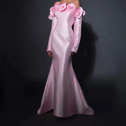 Exquisite Pleats Flowers Mermaid Evening Dresses Formal Strapless Satin Off the Shoulder Long Sleeves Prom Gowns فساتين سهرة