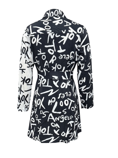Fashionable Letter Print Dress with Belted Waist - Long Sleeve Button-Up Shirt Dress for Casual Style
