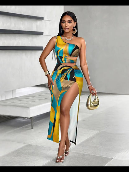 25 New Hot-Selling Women's Sexy Floral Print One-Shoulder Hollow-Out Waist-Cinched Metal Accent Slim-Fit Bodycon Dress for Daily Commute, Beach Parties, Weddings, Graduation Season, and Back-to- Outfits