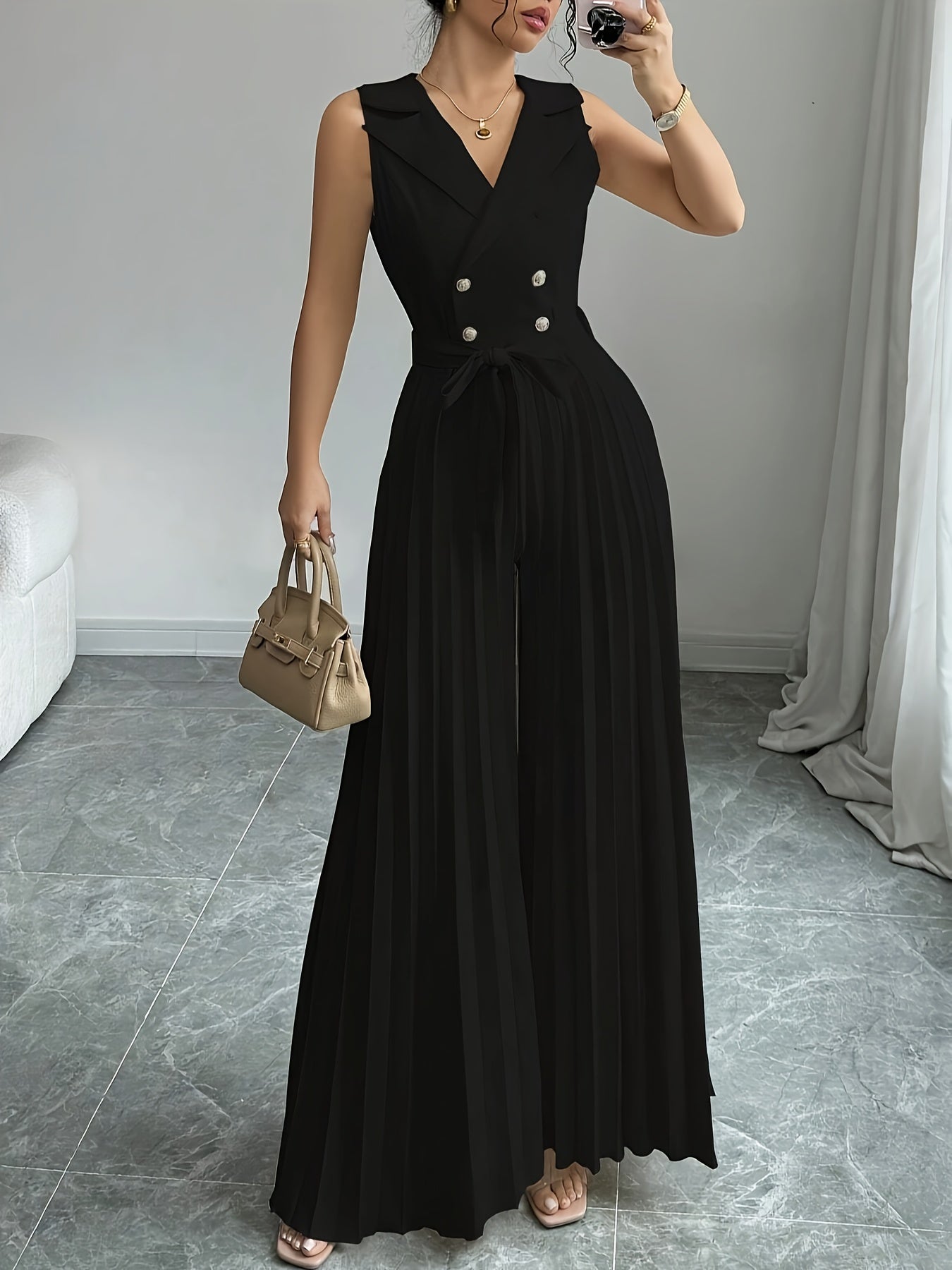 Women'S Elegant Double-Breasted Jumpsuit - Beige/Neutral Tones, Structured Formal & Casual Outfit with Belted Waist, Office Party Wedding Attire for Spring/Fall Seasons, Spring Fashion, Classic Silhouette, Polished Finish, Ve