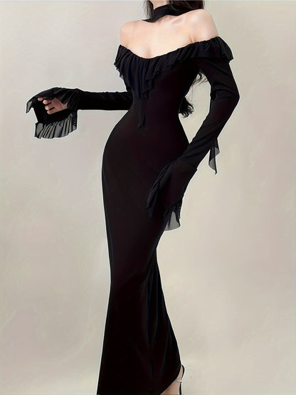 Off-shoulder Ruffle Trim Dress, Lace Decor Long Sleeve Bodycon Dress, Women's Clothing