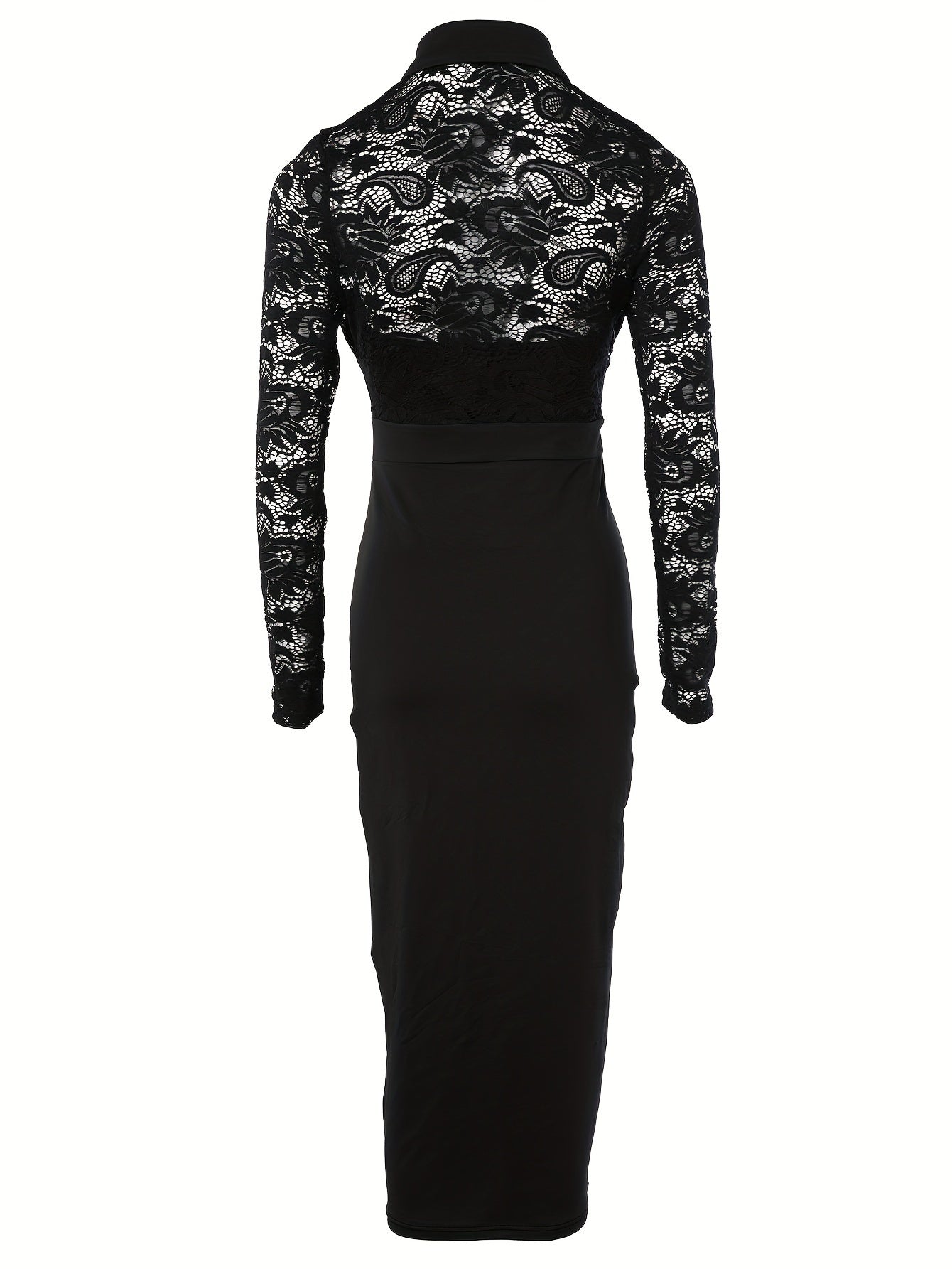 Elegant Lace-Trimmed Long Sleeve Bodycon Dress - Stretchy Polyester Blend, Perfect for Spring/Fall Events