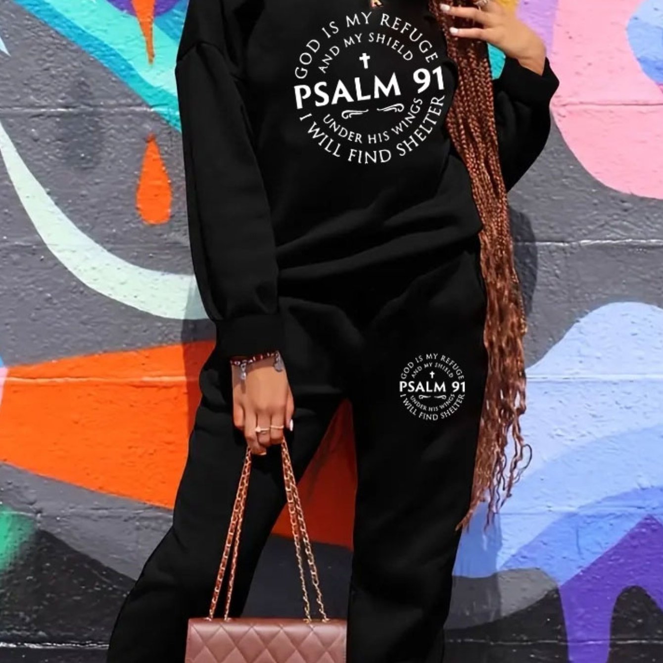 Plus Size Casual Psalm 91 Print Sweatshirt and Sweatpants Co-ord Set - Polyester & Spandex Knitted Fabric, Crew Neck, Slight Stretch, Alphabet Pattern