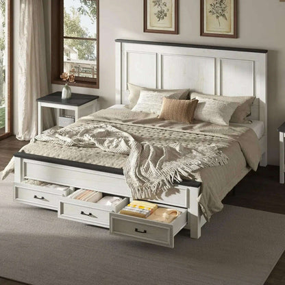 Farmhouse King Size Bed Frame with Tall -Panel Headboard & Footboard, Wood Platform Bed Frame with 3 Large Storag Drawers