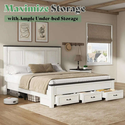 Farmhouse King Size Bed Frame with Tall -Panel Headboard & Footboard, Wood Platform Bed Frame with 3 Large Storag Drawers