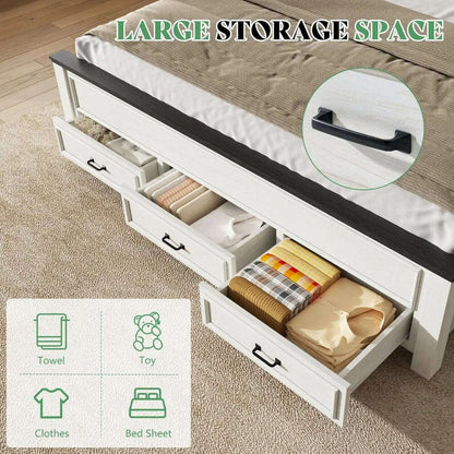 Farmhouse King Size Bed Frame with Tall -Panel Headboard & Footboard, Wood Platform Bed Frame with 3 Large Storag Drawers