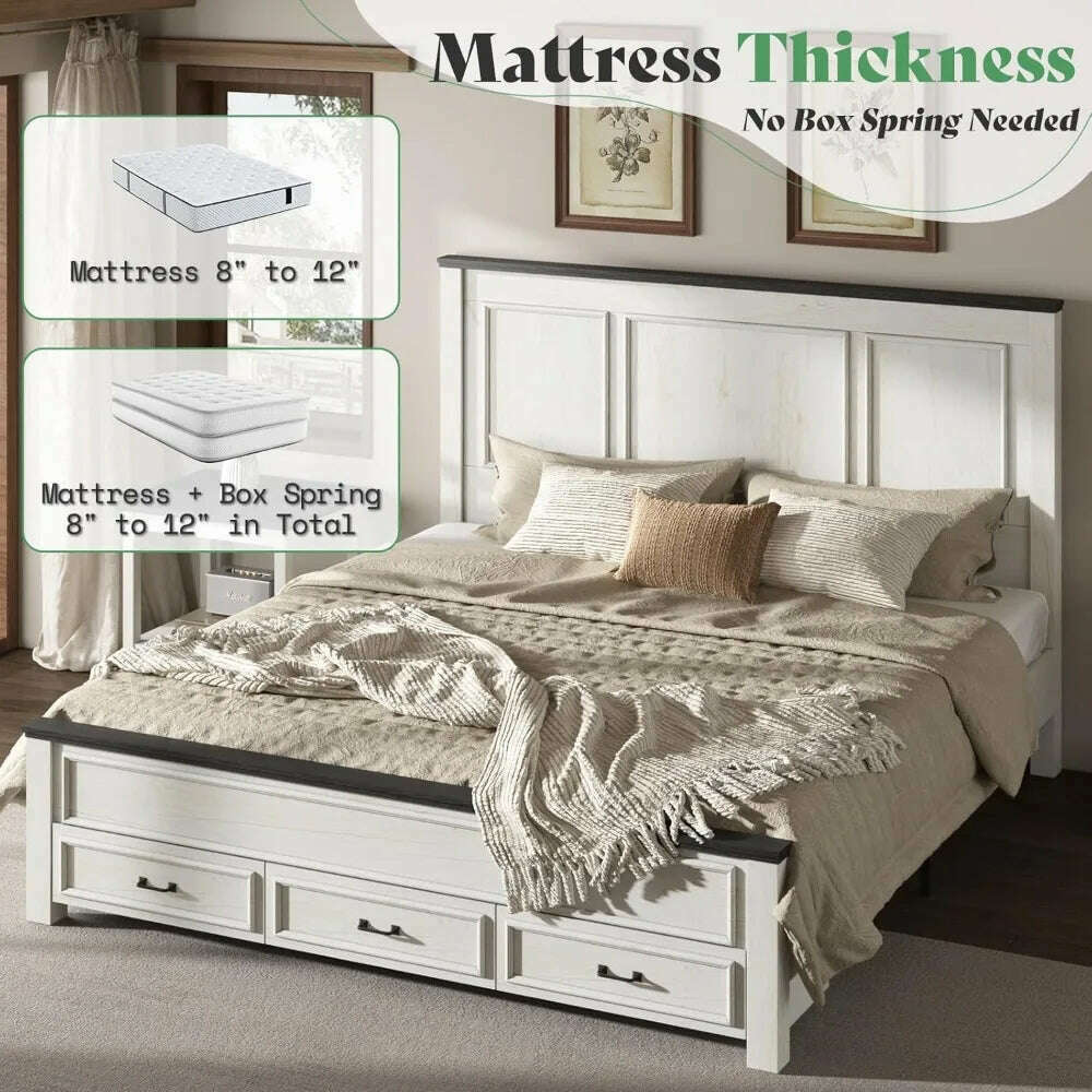Farmhouse King Size Bed Frame with Tall -Panel Headboard & Footboard, Wood Platform Bed Frame with 3 Large Storag Drawers