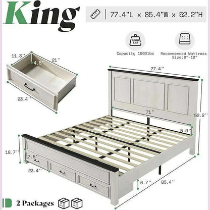 Farmhouse King Size Bed Frame with Tall -Panel Headboard & Footboard, Wood Platform Bed Frame with 3 Large Storag Drawers