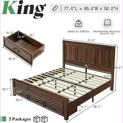 Farmhouse King Size Bed Frame with Tall -Panel Headboard & Footboard, Wood Platform Bed Frame with 3 Large Storag Drawers