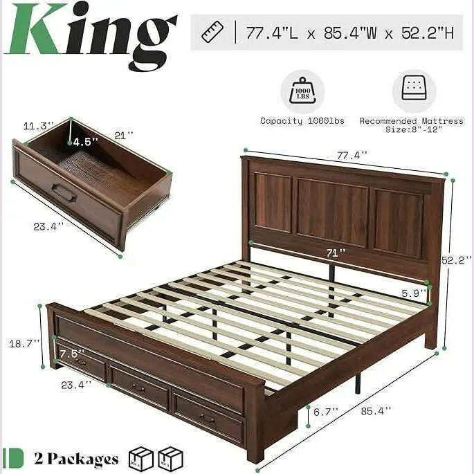 Farmhouse King Size Bed Frame with Tall -Panel Headboard & Footboard, Wood Platform Bed Frame with 3 Large Storag Drawers