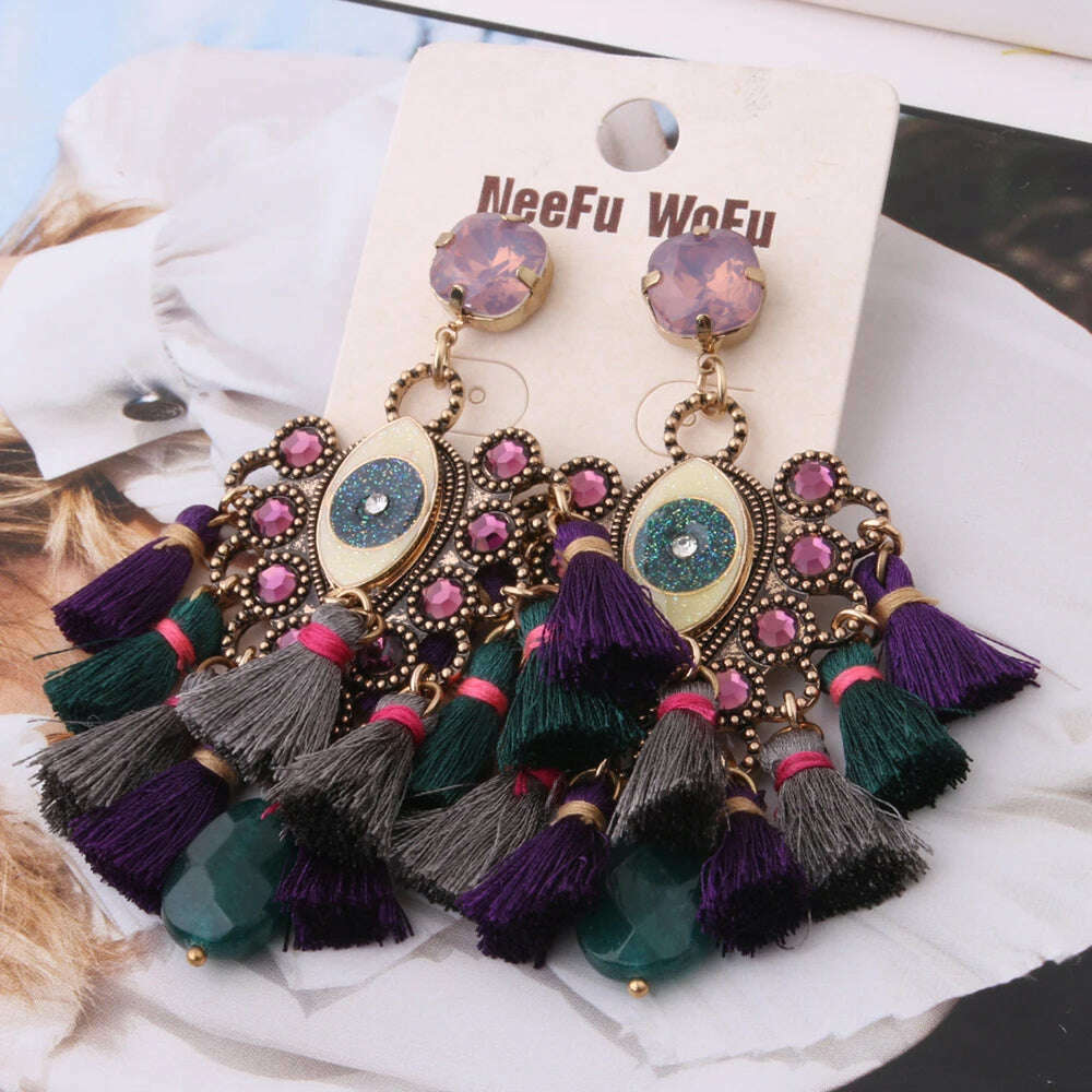 Fashion Big Earrings Metal Dangle Bohemian Eye Tassel Earrings Crystal Large Retro Long Brinco Ear Oorbellen Jewelry Wholesale