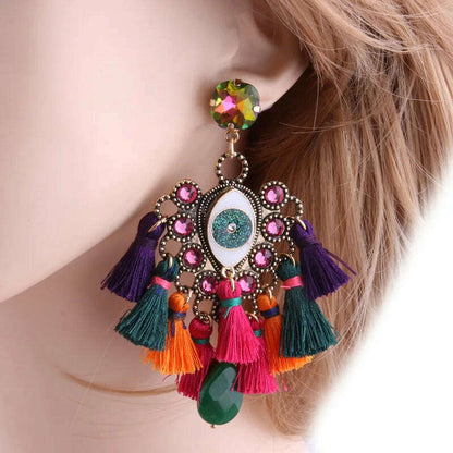 Fashion Big Earrings Metal Dangle Bohemian Eye Tassel Earrings Crystal Large Retro Long Brinco Ear Oorbellen Jewelry Wholesale