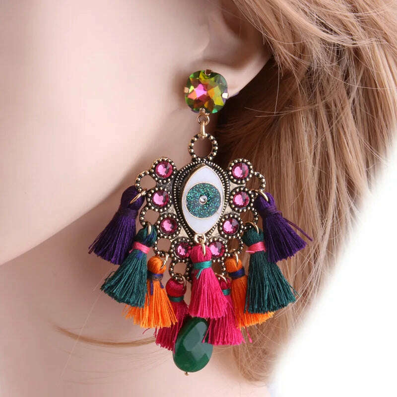 Fashion Big Earrings Metal Dangle Bohemian Eye Tassel Earrings Crystal Large Retro Long Brinco Ear Oorbellen Jewelry Wholesale