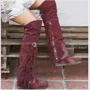 Fashion Bohemia Knee-length Women Boots Ethnic Personality High Boot Tassels Faux Suede Boots Girl Flat Bottom Long Botas Mujer