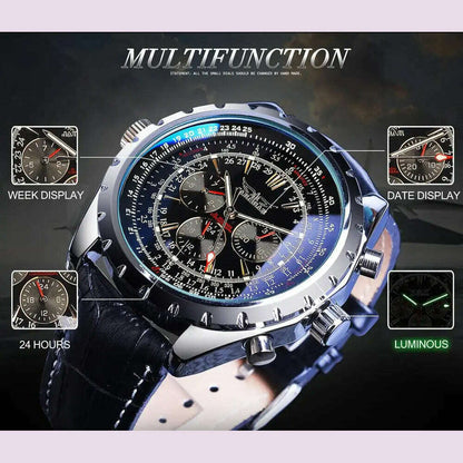 Fashion Jaragar Top Brand Leather Automatic Mechanical Calendar Business Watches Pilot Design Men's Wrist Watch Male