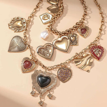 Fashion Punk Metal Heart Pendant Necklaces for Women Vintage Double Layered Choker Chain Necklaces Luxury Party Jewelry Gifts