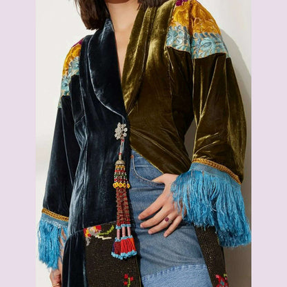 Fashionable Women's Contrast Color Jacket Ethnic Pattern Print Patchwork Velvet Shawl Square Collar Tassel Long Sleeve Coat