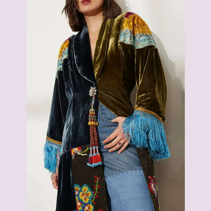 Fashionable Women's Contrast Color Jacket Ethnic Pattern Print Patchwork Velvet Shawl Square Collar Tassel Long Sleeve Coat