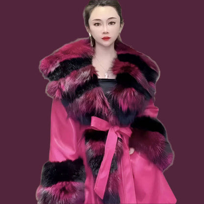 Faux Fur Coat for Women,Adjustable Waist Jacket,England Style Covered Button PU Outwear,Fox Fur Collar, Autumn and Winter