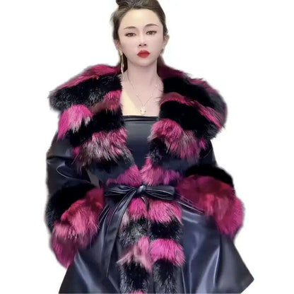 Faux Fur Coat for Women,Adjustable Waist Jacket,England Style Covered Button PU Outwear,Fox Fur Collar, Autumn and Winter
