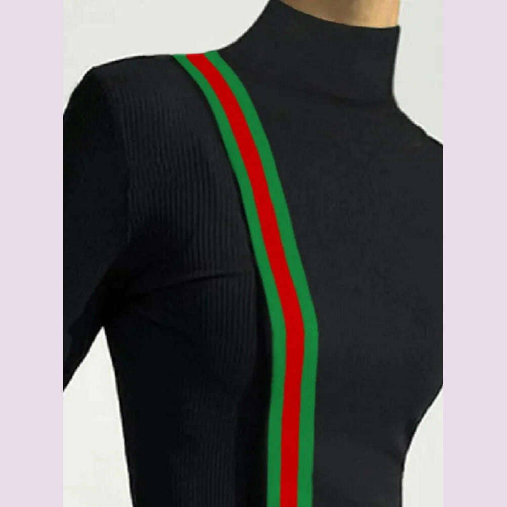 Female Clothing Skinny T-Shirts Fashion Striped Slit High Neck Contrast Color Spring Autumn Black Women's Base Layer
