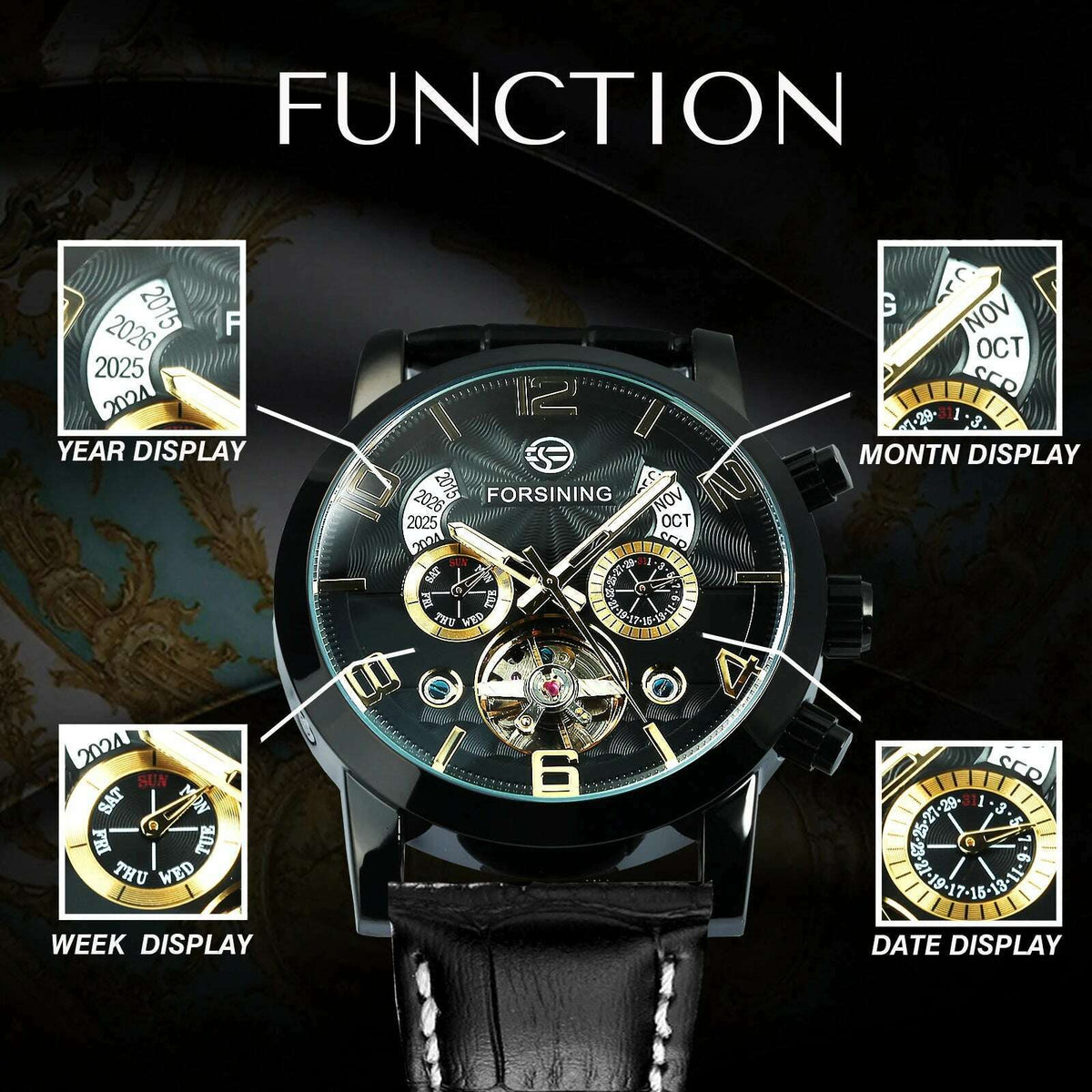 Forsining Classic Tourbillon Men Mechanical Wristwatches Top Brand Luxury Multifunction Automatic Watch Leather Strap Male Clock