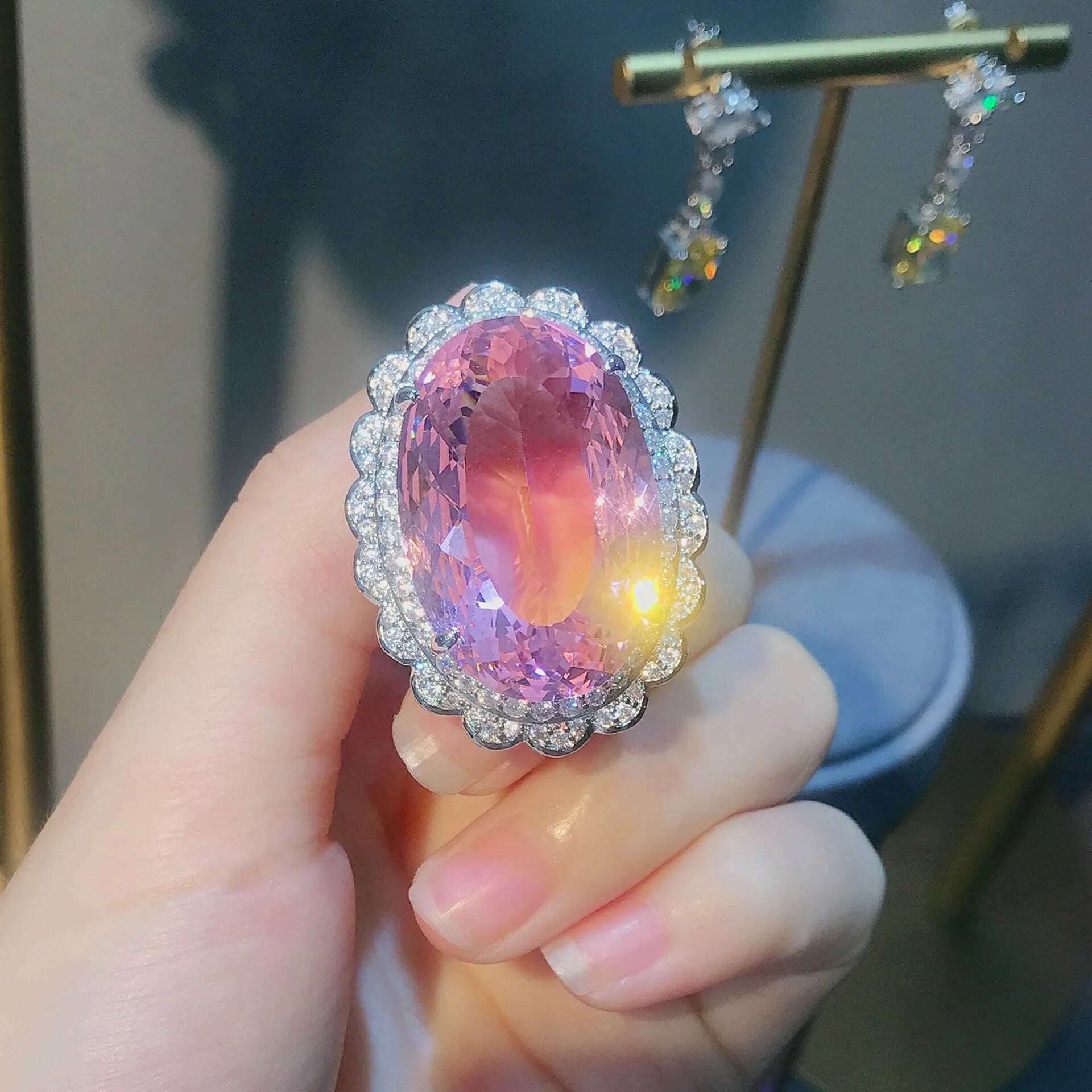 Foydjew Color Treasure Jewelry Sets Simulation Pink Morgan Stone Pendant Open Ring Super Flash Pink Zircon Necklaces Earrings