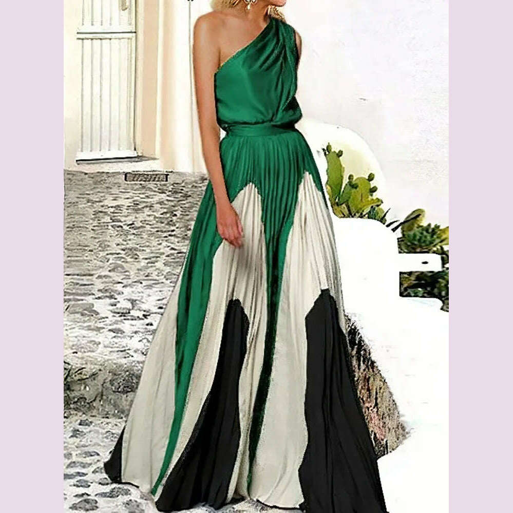 Freeacy 2023 New Female Printed Elegant Chic A-line Pleated Party Dress Summer One-Shoulder Prom Evening Maxi Dresses For Women