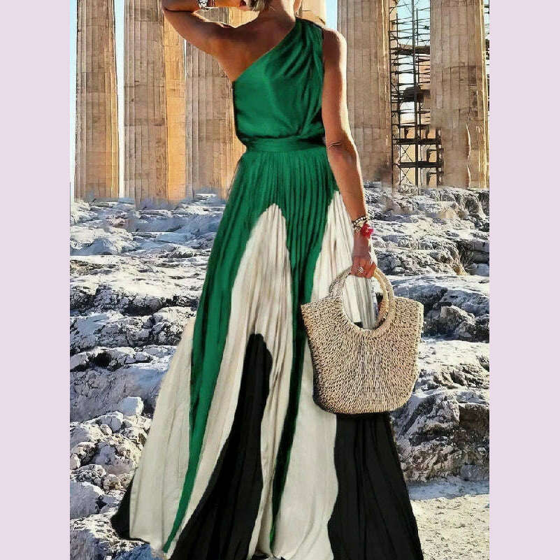 Freeacy 2023 New Female Printed Elegant Chic A-line Pleated Party Dress Summer One-Shoulder Prom Evening Maxi Dresses For Women