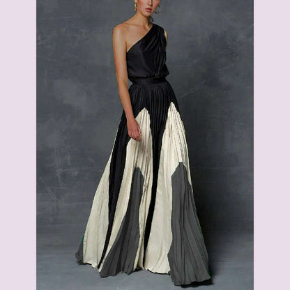 Freeacy 2023 New Female Printed Elegant Chic A-line Pleated Party Dress Summer One-Shoulder Prom Evening Maxi Dresses For Women