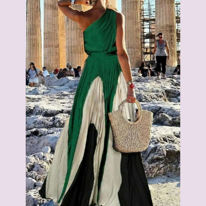 Freeacy 2024 Fashion Women's Party Dress Sleeveless High Waist Contrast Color Pleated Dress Elegant Maxi Evening Dresses