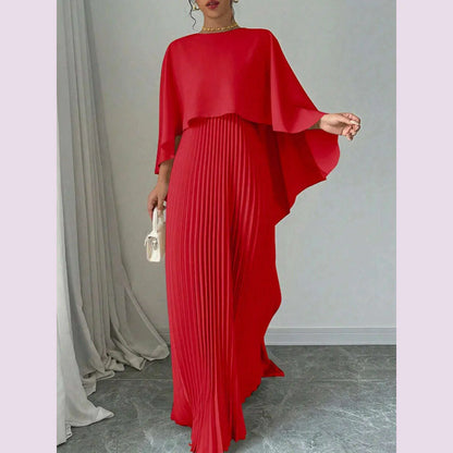 Freeacy Women's Autumn New Solid Color Elegant Evening Dresses Round Neck Wrap Sleeves Ruffled High Neck Pleated Maxi Dress