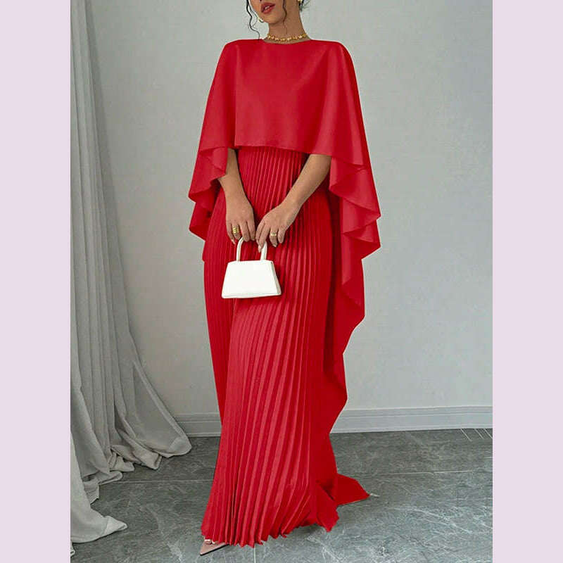 Freeacy Women's Autumn New Solid Color Elegant Evening Dresses Round Neck Wrap Sleeves Ruffled High Neck Pleated Maxi Dress