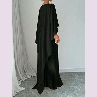 Freeacy Women's Autumn New Solid Color Elegant Evening Dresses Round Neck Wrap Sleeves Ruffled High Neck Pleated Maxi Dress