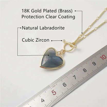 FUWO Handcrafted Natural Labradorite Necklace,Golden OT Buckle Chain Heart-Shaped Semi-Precious Stone Jewelry For Women (NC475)