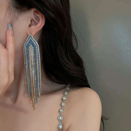 FYUAN Fashion Blue Silver Color Full Rhinestone Drop Earrings Oversize Long Tassel Crystal Earrings for Women Statement Jewelry