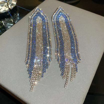 FYUAN Fashion Blue Silver Color Full Rhinestone Drop Earrings Oversize Long Tassel Crystal Earrings for Women Statement Jewelry
