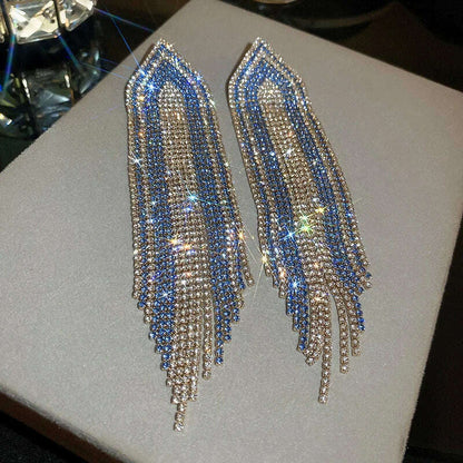 FYUAN Fashion Blue Silver Color Full Rhinestone Drop Earrings Oversize Long Tassel Crystal Earrings for Women Statement Jewelry